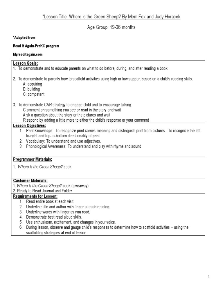 Where Is The Green Sheep - Lesson Plan Edited | PDF | Books | Sheep