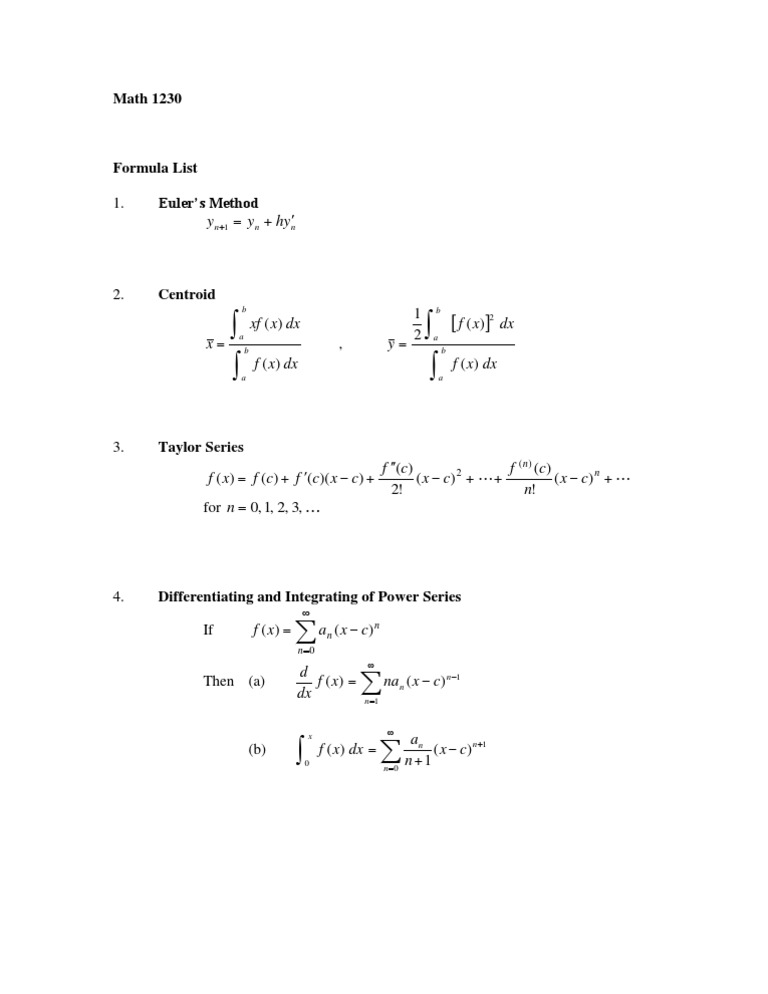 Math 1230 Formula Guide | PDF | Subtraction | Mathematical Relations