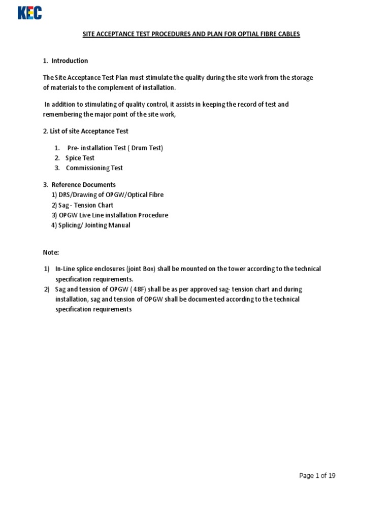 Site Acceptance Test Procedures and Plan for Optial Fibre Cables Sat