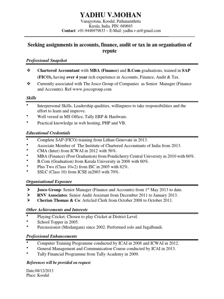Resume Yadhu V.mohan Int | PDF | Career & Growth