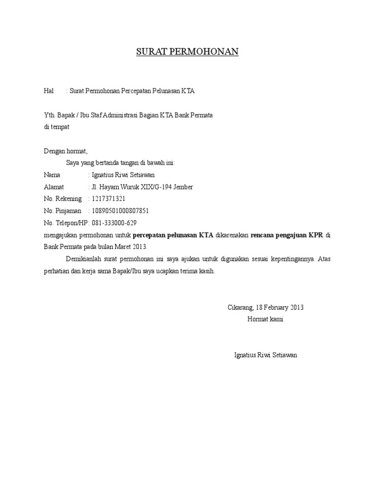 Contoh Surat Penting Surat Permohonan Pelunasan Jaman Bank
