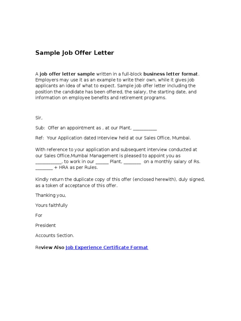 Sample Job Offer Letter