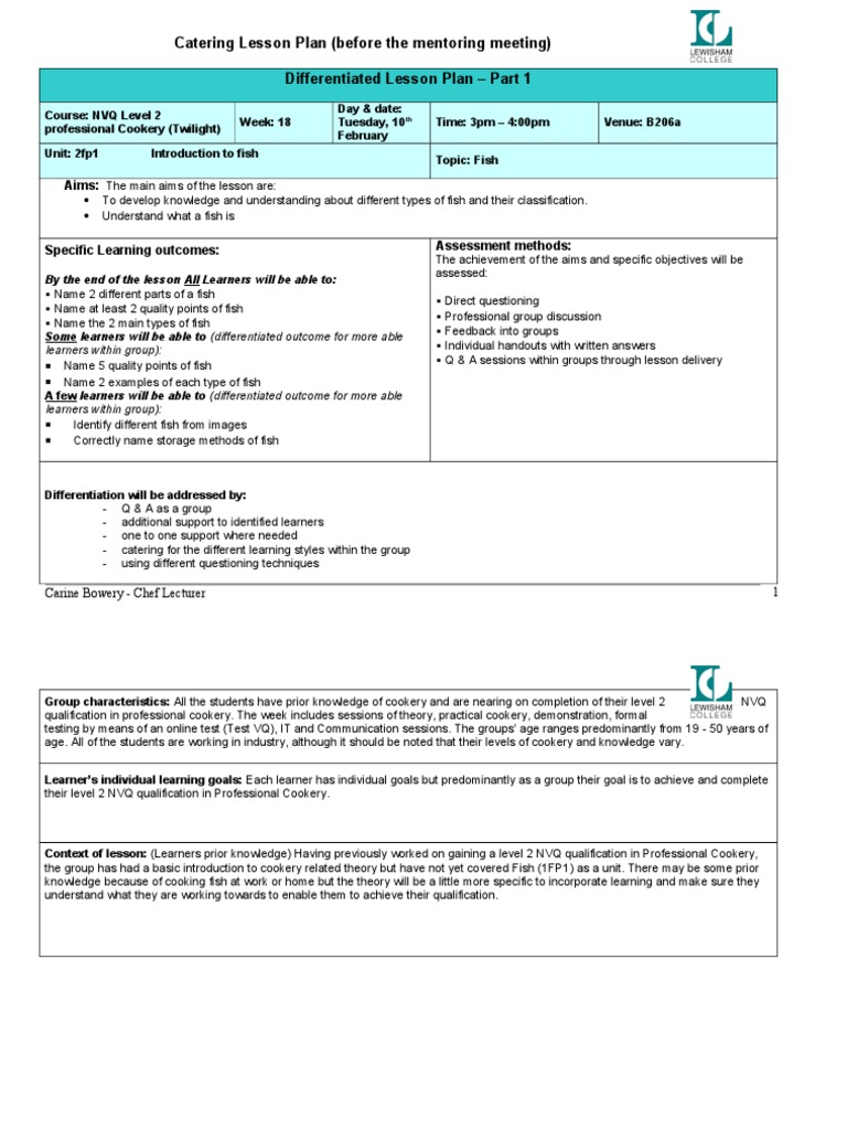 Lesson Plan For Catering Session PDF Learning Styles Lesson Plan