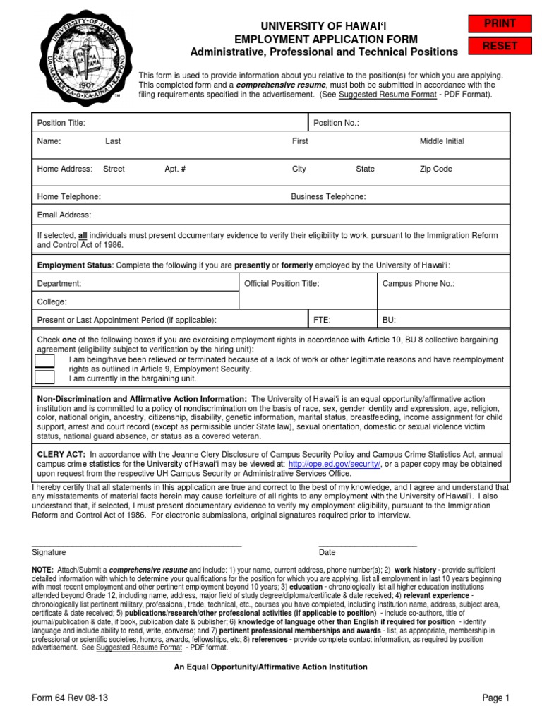 University of Hawai I Employment Application Form Administrative ...