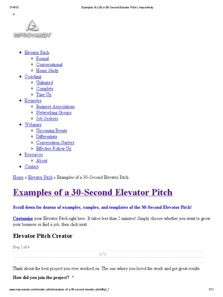Examples of A 30 or 60-Second Elevator Pitch - ImprovAndy | PDF ...
