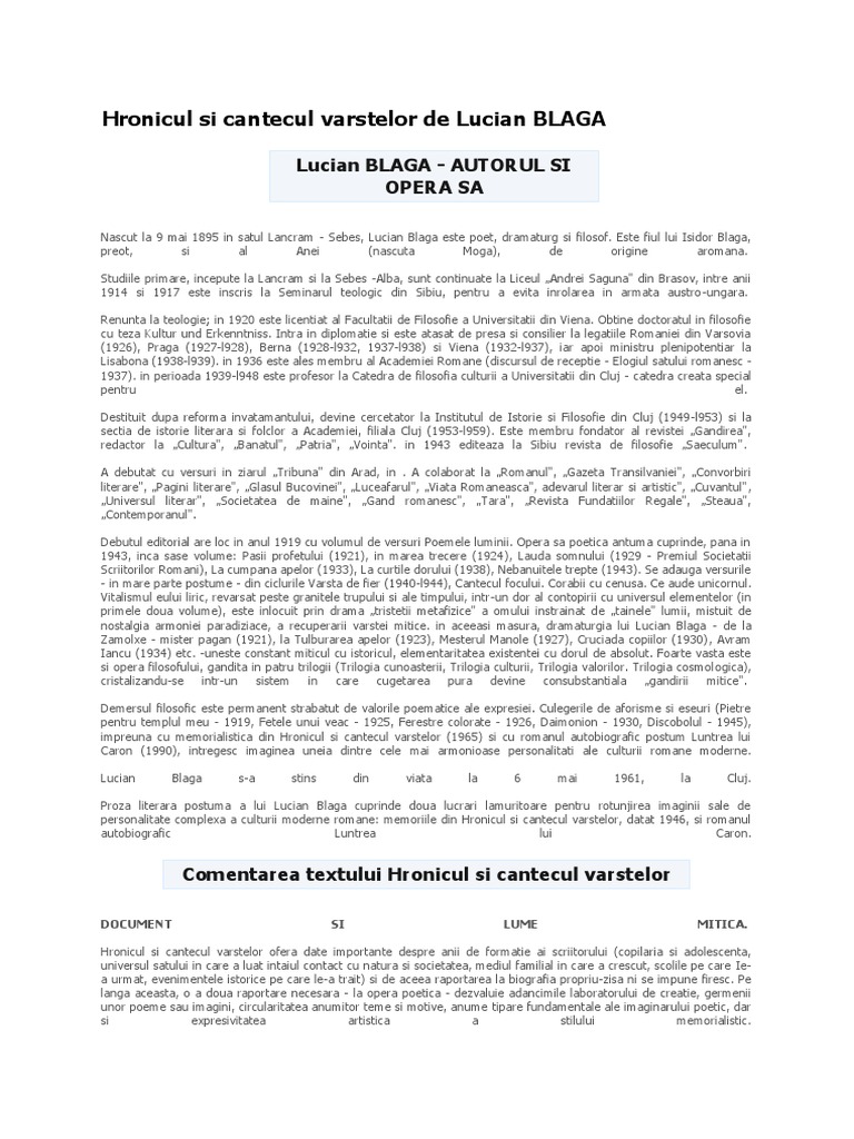 Hronicul Si Cantecul Varstelor de Lucian BLAGA