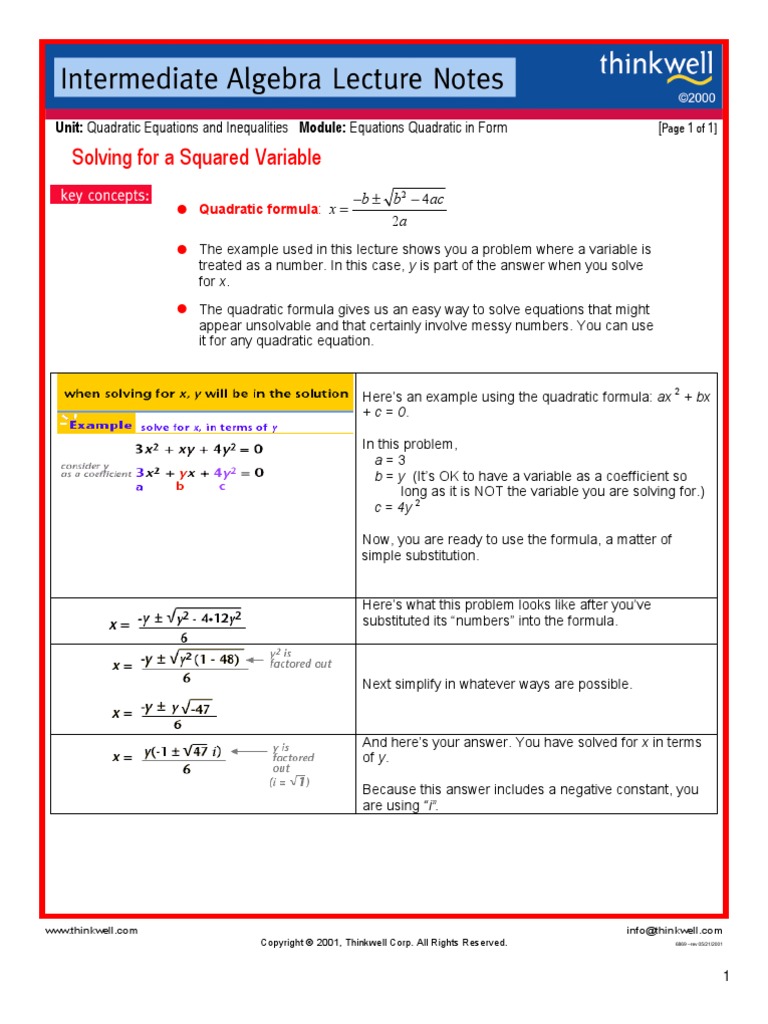 Solving For A Squared Variable: Unit: Quadratic Equations and ...