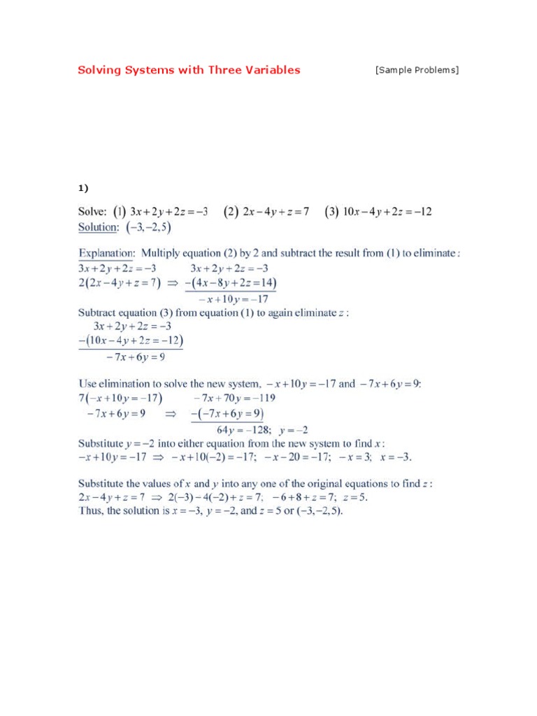Solving Systems With Three Variables: (Sample Problems) | PDF
