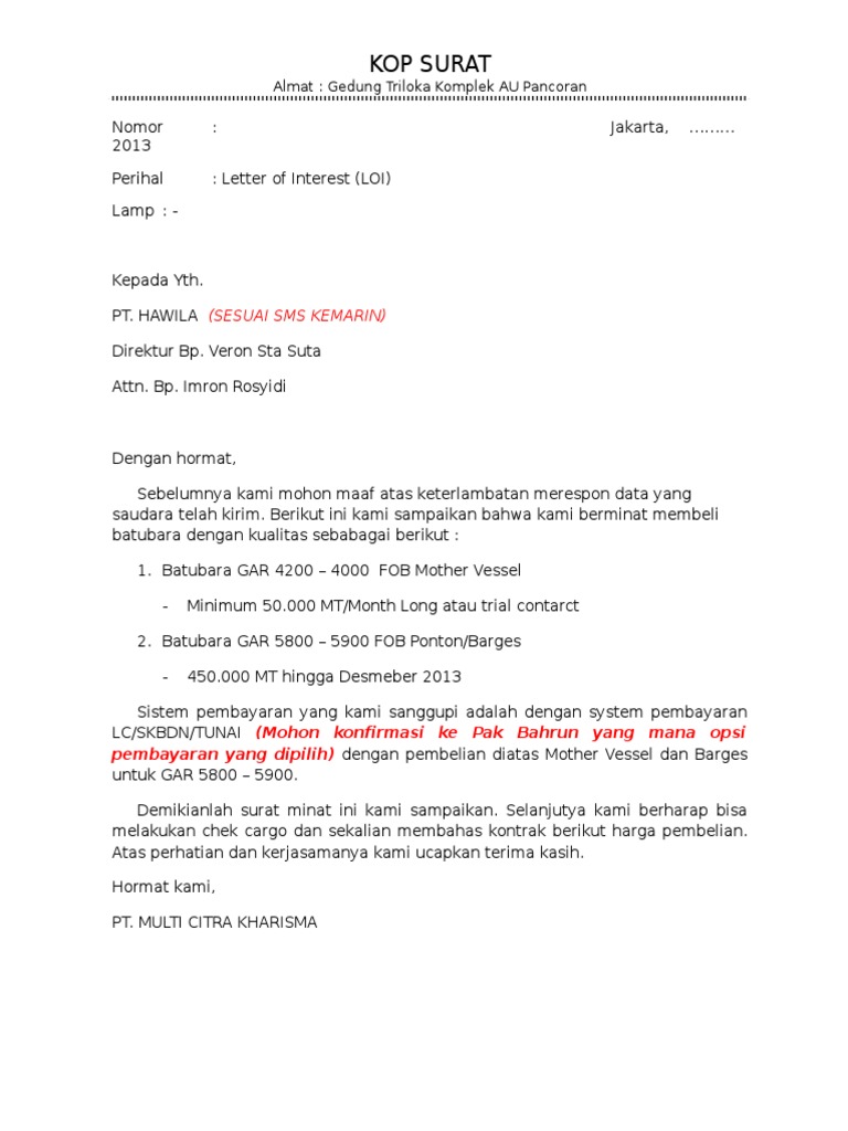 Contoh Surat Letter Of Intent Hartanah Malaysia