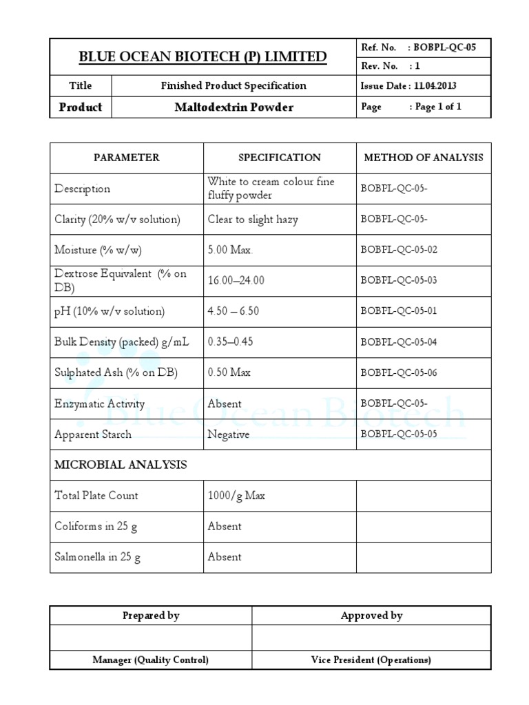 Maltodextrin Specifications