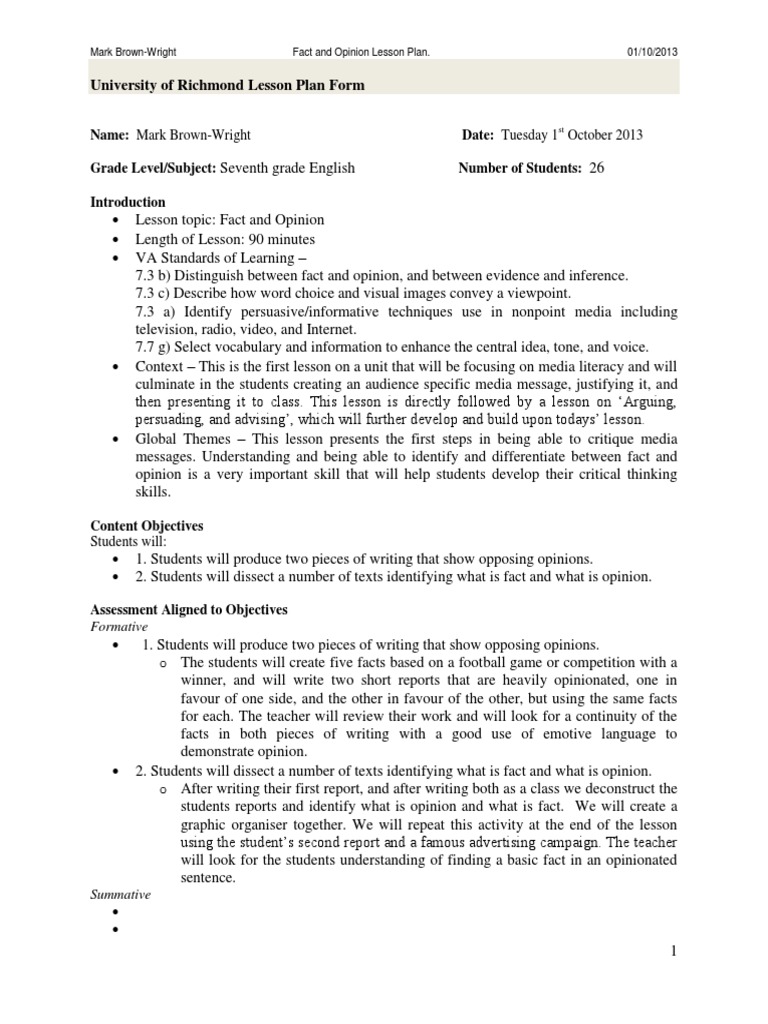 Fact and Opinion Lesson Plan | PDF | Lesson Plan | Epistemology
