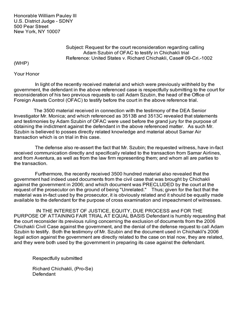 Richard Chichakli's Letter to the Judge for Reconsideration of a ...