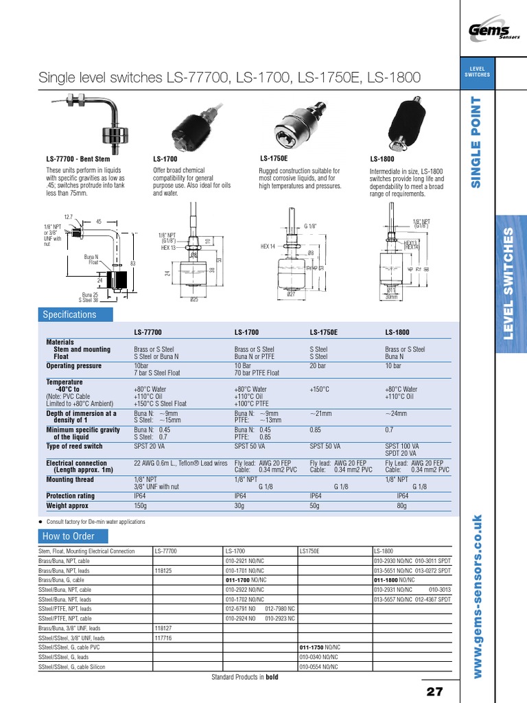 Single Level Switches LS-77700, LS-1700, LS-1750E, LS-1800 ...