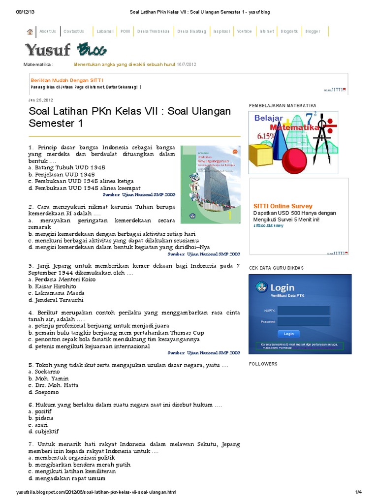 Soal Latihan PKn Kelas VII _ Soal Ulangan Semester 1