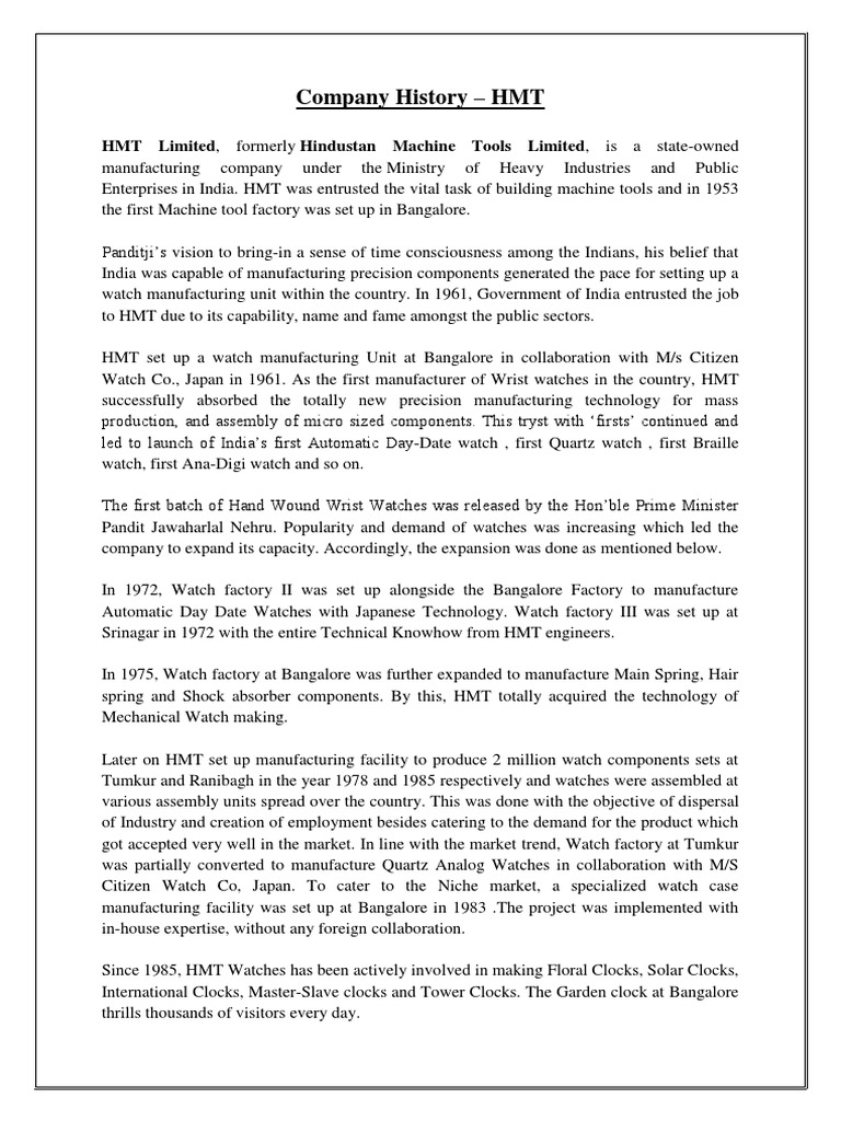 HMT Limited: A Historical Overview | PDF | Industries | Manufacturing ...