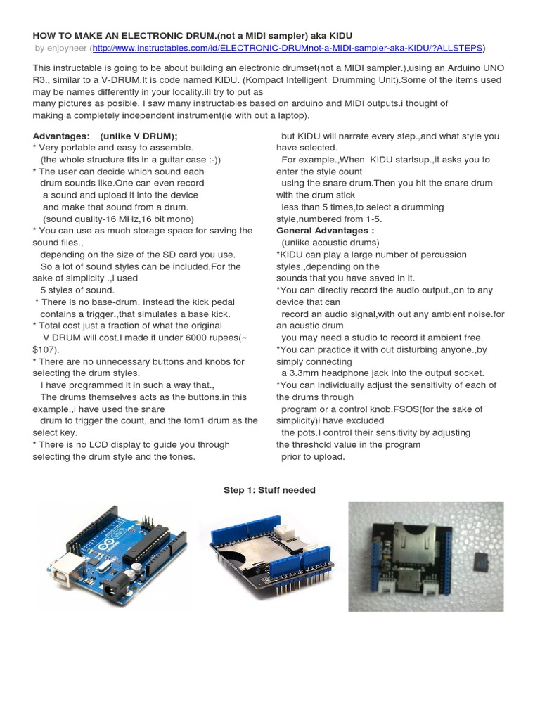 Arduino Electronic Drum KIDU Guide | PDF | Drum Kit | Wire