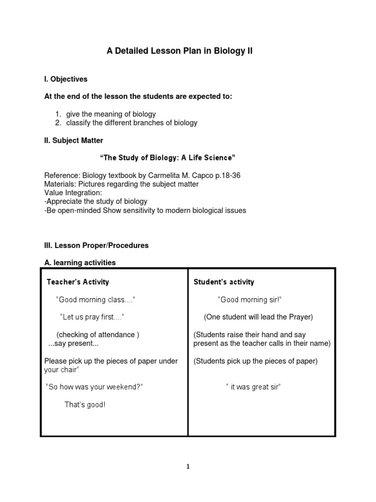 Detailed Lesson Plan BIOLOGY Lesson Plan Botany