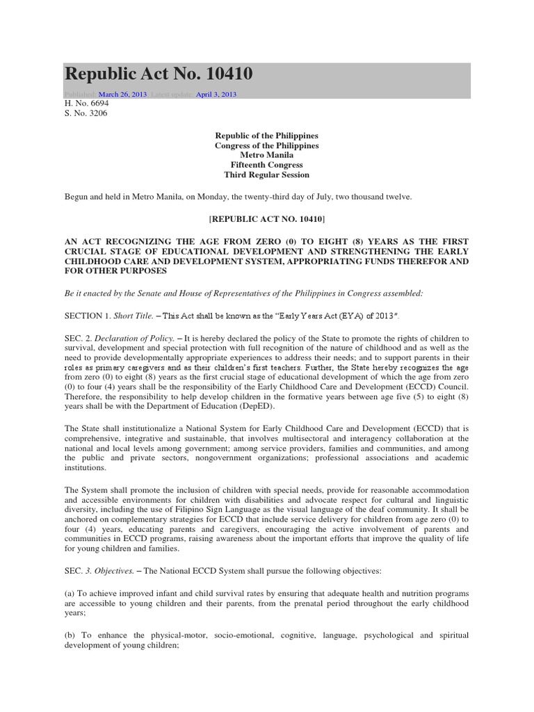 Republic Act No 10410 | PDF | Early Childhood Education | Special  