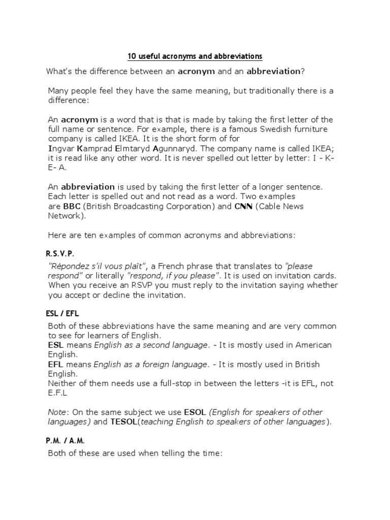 10 Useful Acronyms and Abbreviations | PDF | Noun | English As A Second Or  Foreign Language