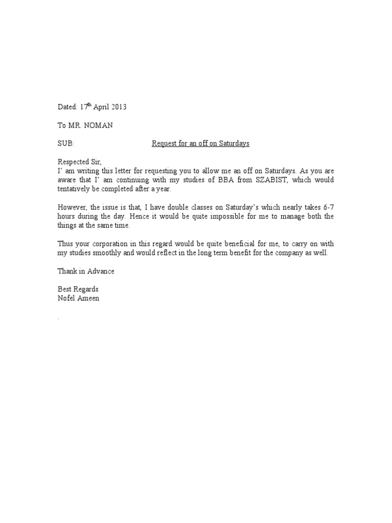 Request for Saturday Off for Studies | PDF | Language Arts & Discipline