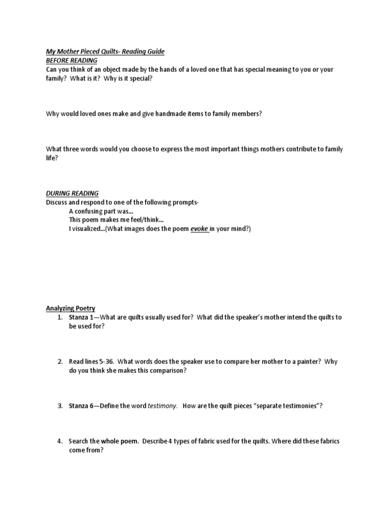 My Mother Pieced Quilts Reading Guide