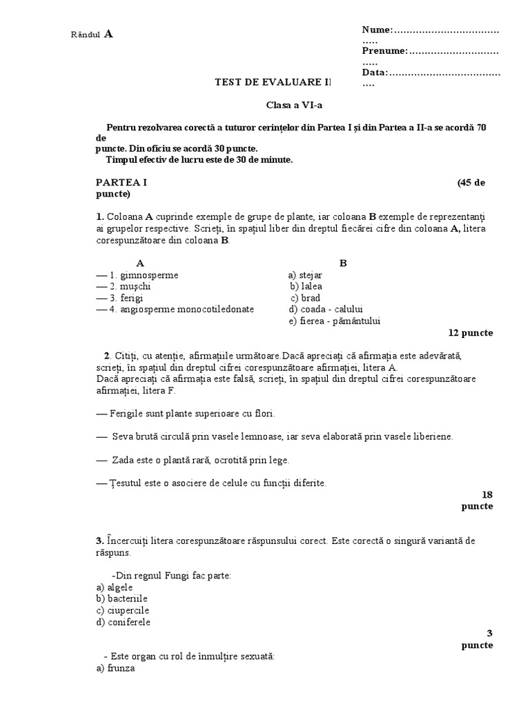 Test Initial-Biologie-Clasa A 6a | PDF