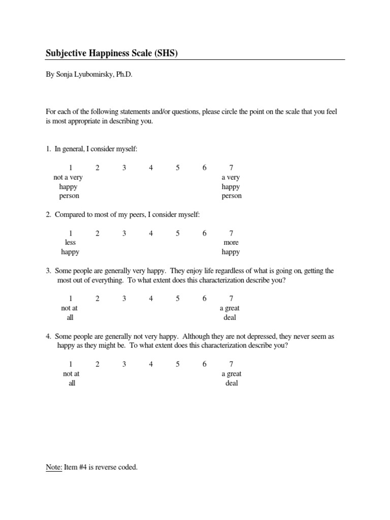 Subjective Happiness Scale (SHS) Guide | PDF