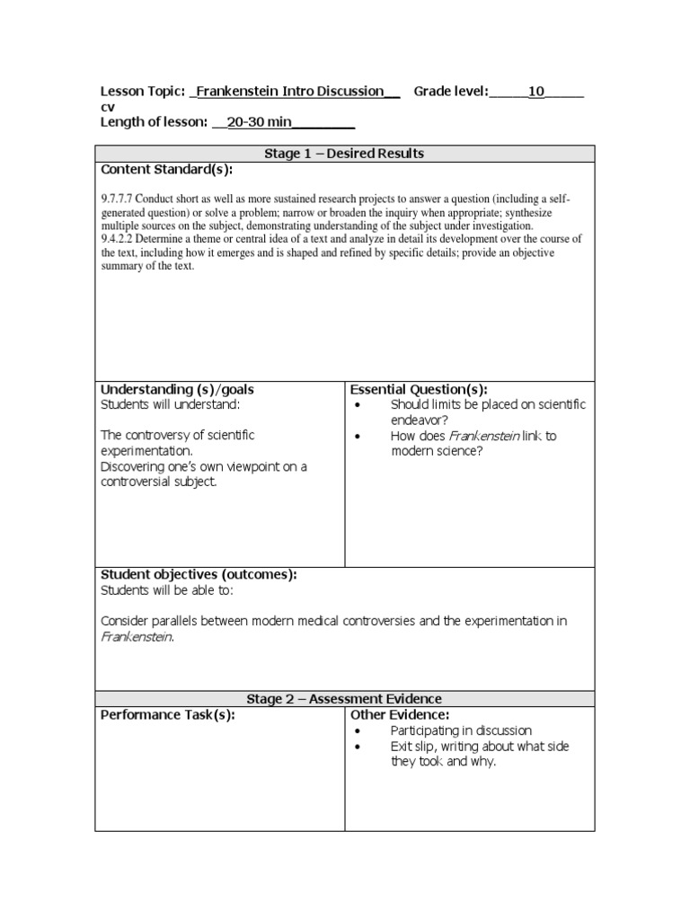 Frankenstein Discussion Lesson Plan PDF Prometheus Frankenstein