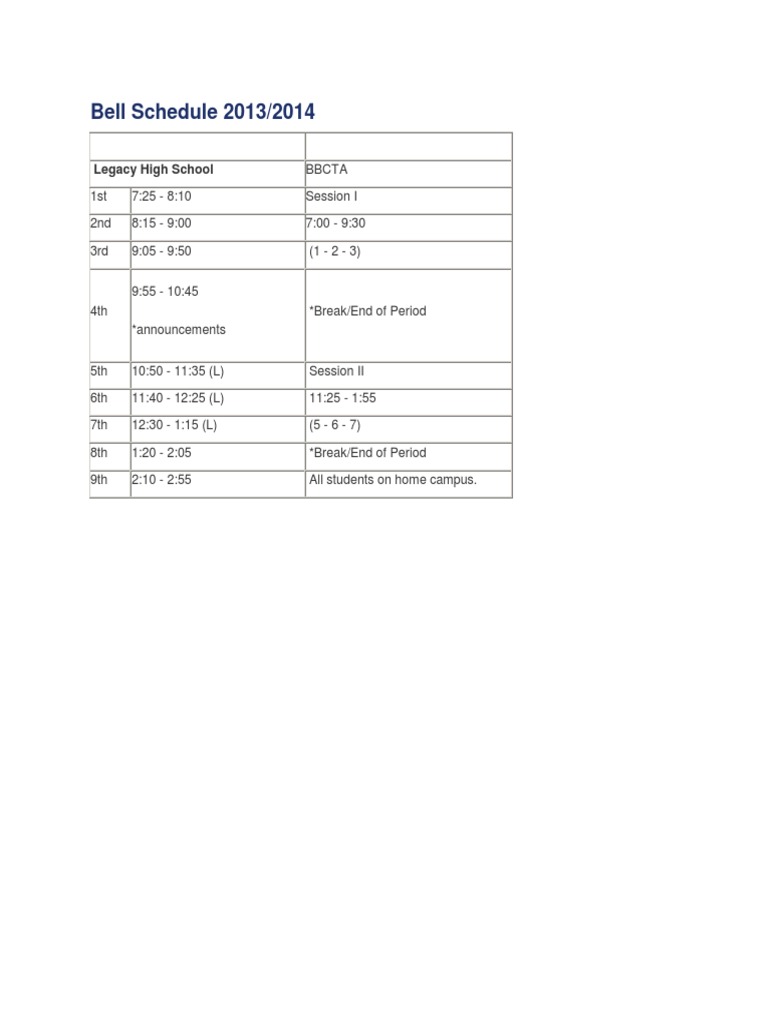 Legacy High School Bell Schedule 2013-14 | PDF | Sports & Recreation ...