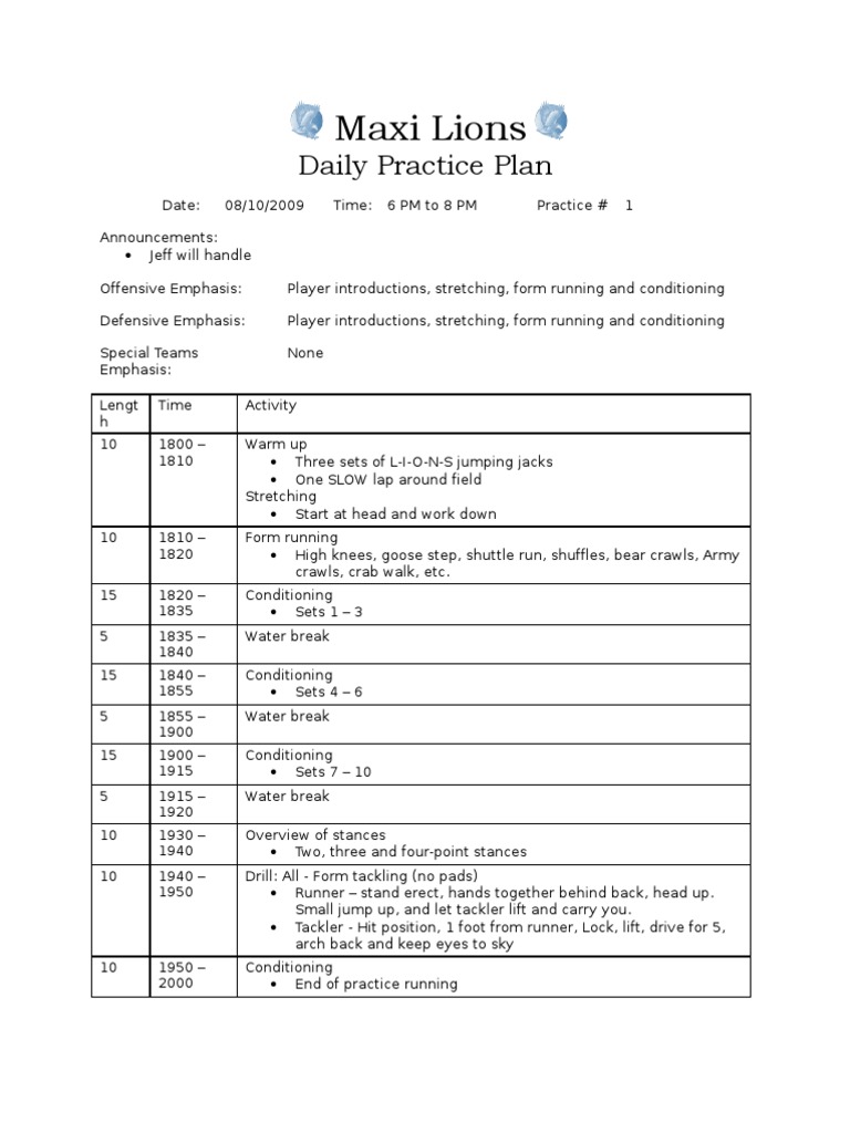 Printable Football Practice Plan Template