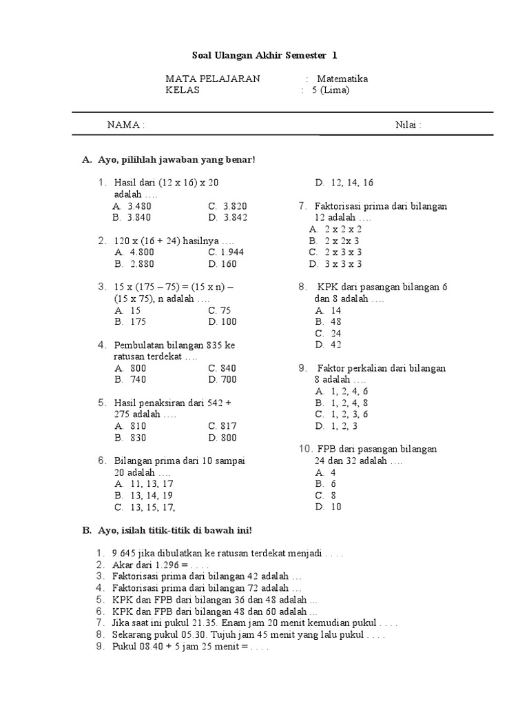 Soal UAS Matematika Kelas 5 Semester 1