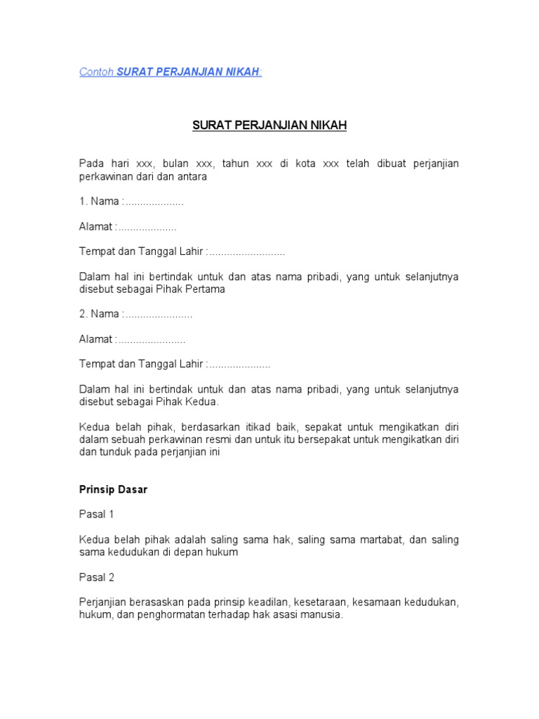 Contoh Surat Perjanjian Nikah