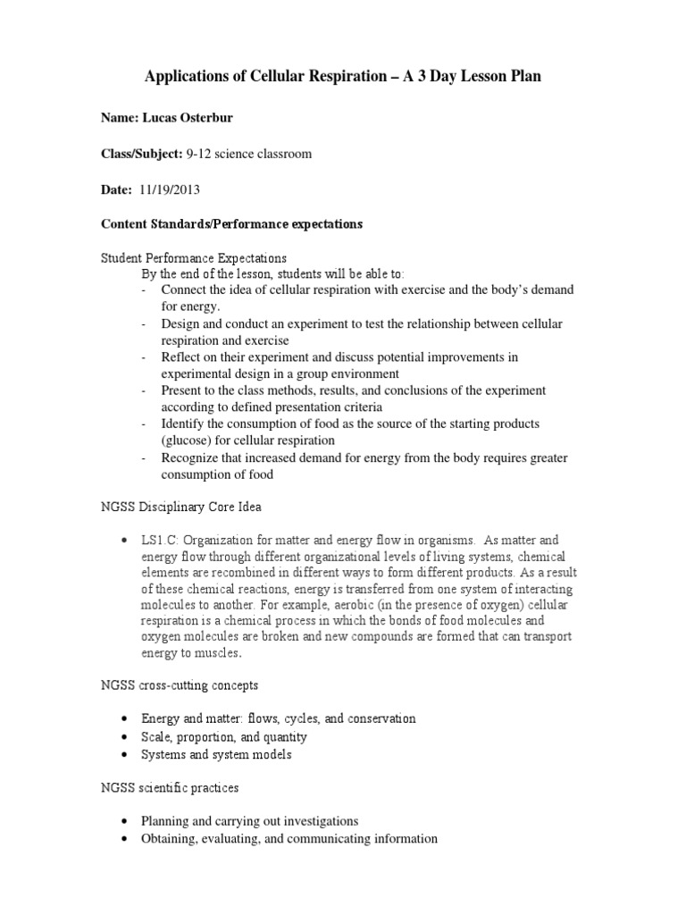 Applications Of Cellular Respiration 3 Day Lesson Plan Cellular Respiration Glucose