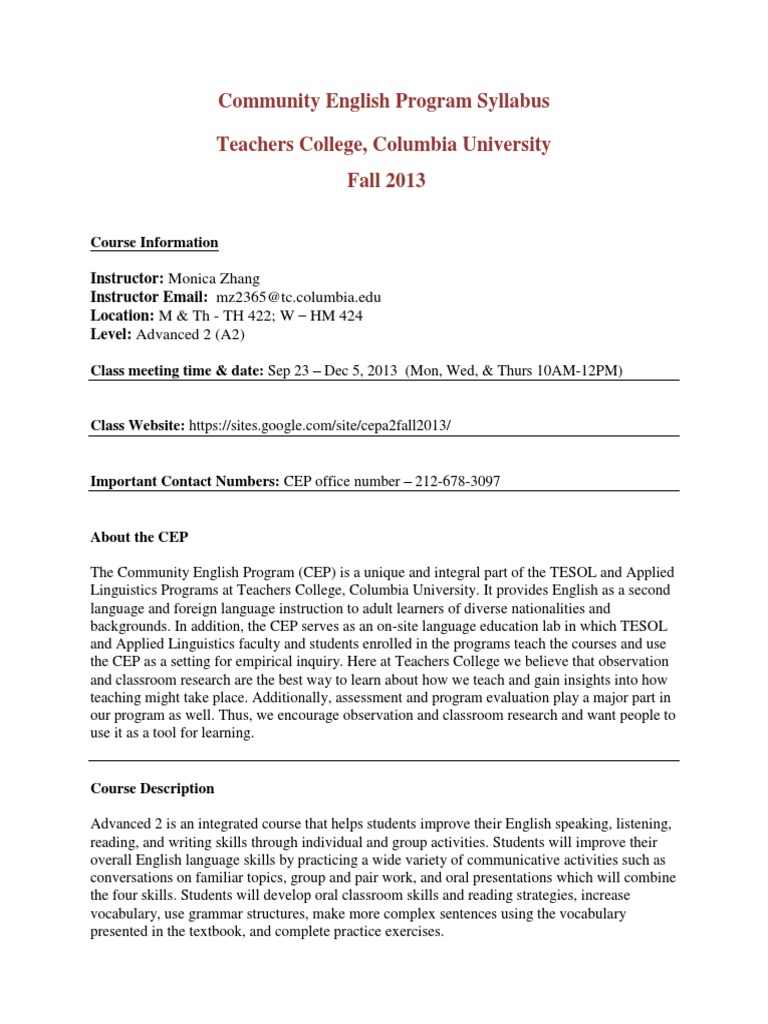 Advanced English Course Syllabus 2013 | PDF | English As A Second Or ...