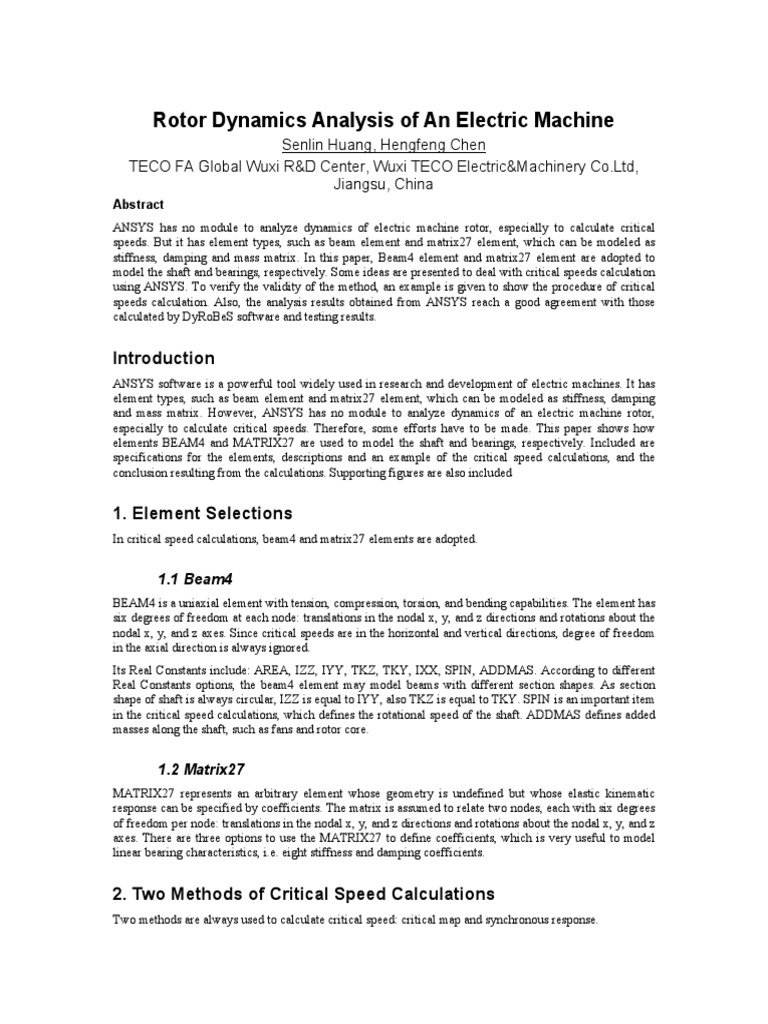 Rotor Dynamic Analysis of Electrical Machines | PDF