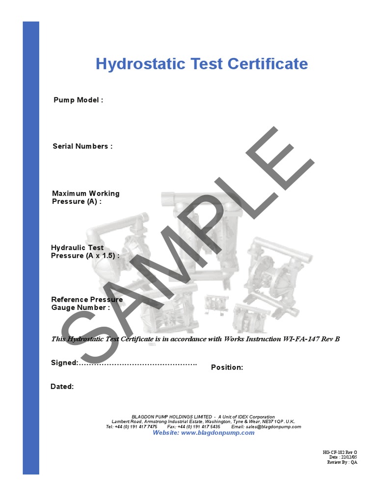 Hydrostatic Test Certificate Pump Valve