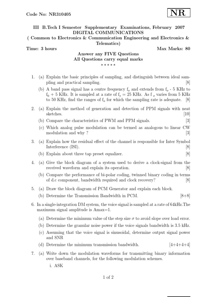 Digital Communications Exam Questions | PDF | Modulation | Sampling ...
