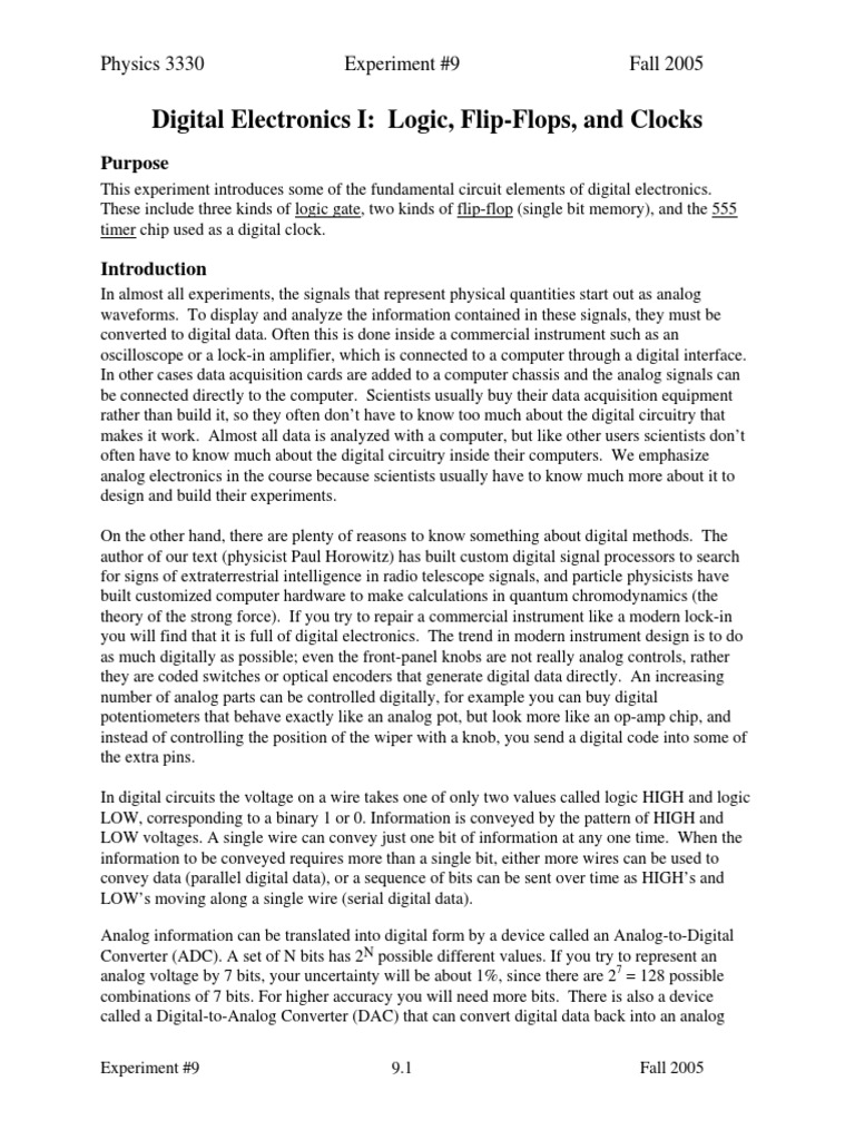 Digital Electronics I Logic, FlipFlops, and Clocks Purpose PDF