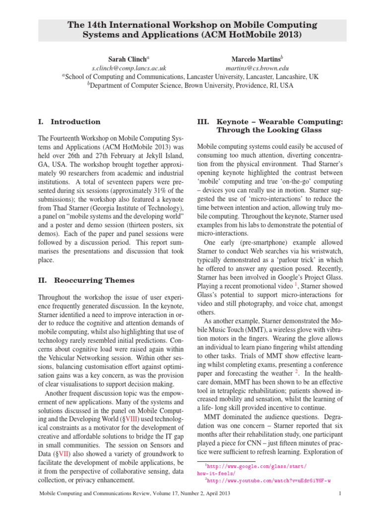 ACM HotMobile 2013 Workshop Summary | PDF | Cloud Computing | Mobile Phones