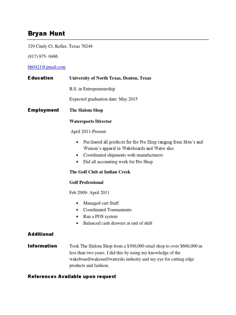 Bryan Hunt's Resume: Watersports Expert | PDF