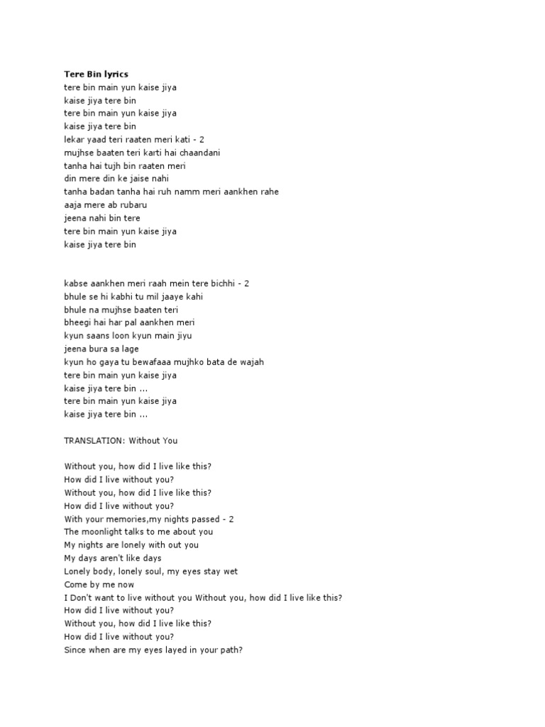Tere Bin Lyrics Pdf