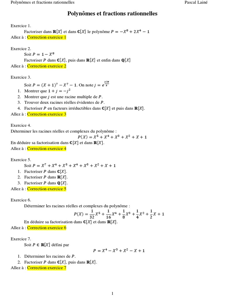 Exercices Corrigés Fractions 3ème Pdf Exercices Corriges Polynomes Fractions Rationnelles | PDF | Polynôme |  Nombre réel