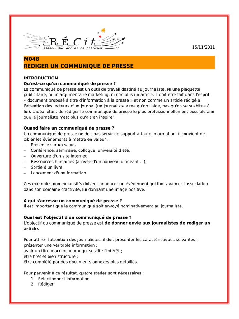 M048 Rediger Un Communique De Presse PDF Lecture Processus La 