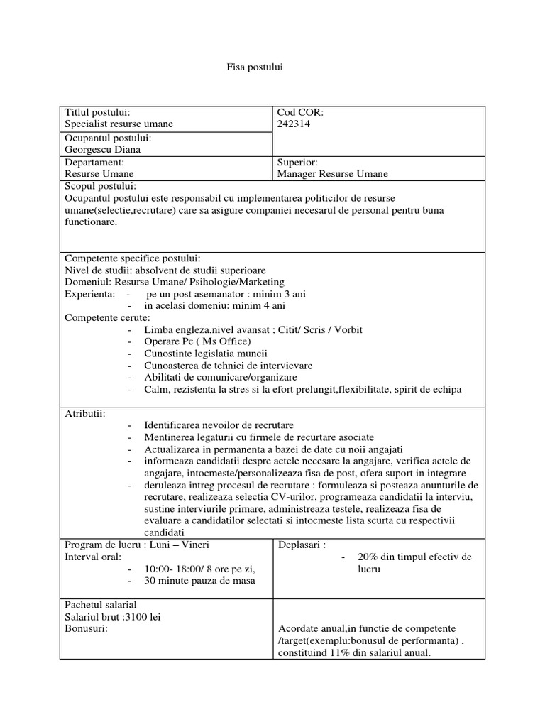 Fisa Postului Specialist Resurse Umane