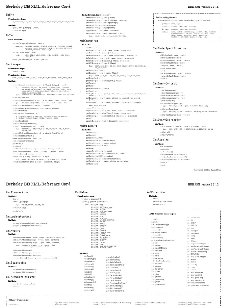 Berkeley DB XML Reference Card | PDF | Xml | Xml Schema