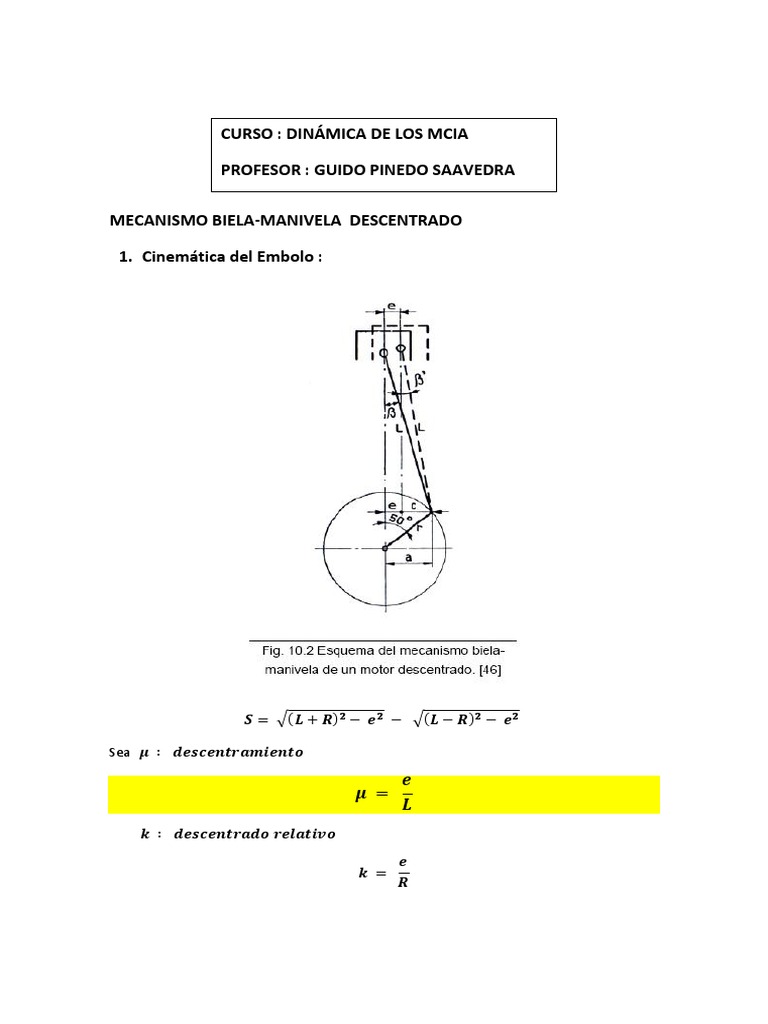 Análisis Cinemático Del Mecanismo Biela Manivela Descentrado En Motores