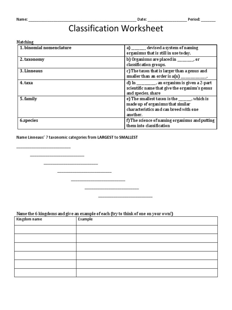 Classification Worksheet  PDF  Genus  Taxonomy (Biology) With Regard To Biological Classification Worksheet Answer Key