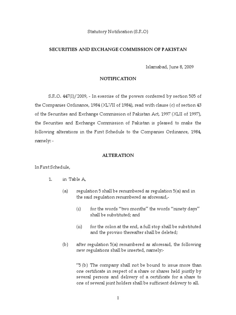 SEC Notification on Companies Ordinance Amendments | PDF
