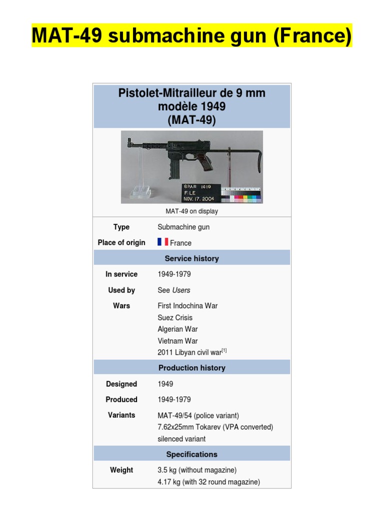 Mat 49 Submachine Gun France Firearms Projectile Weapons