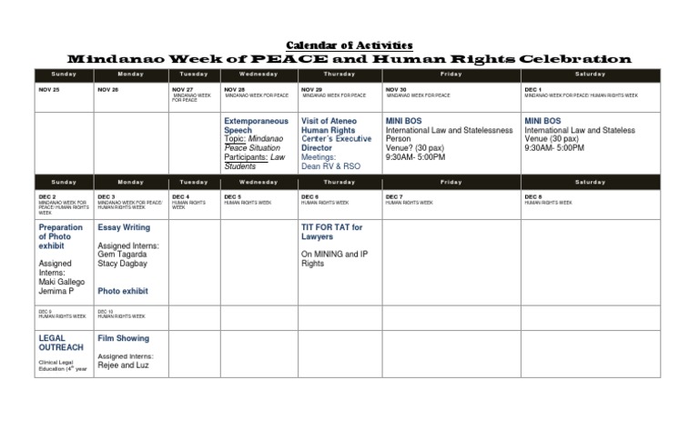 Calendar of Activities HR and PEACE Week | PDF | Social Science